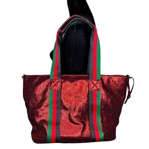 Boutique Red Sparkly Tote Bag w/Racing Stripes